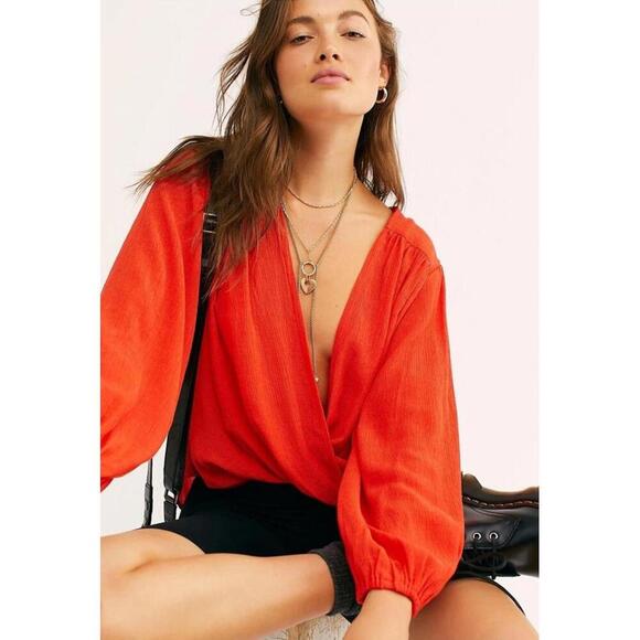 Free People Check On It Faux-Wrap Gauzy Blouse Red/Orange Women’s size XS - Picture 12 of 15